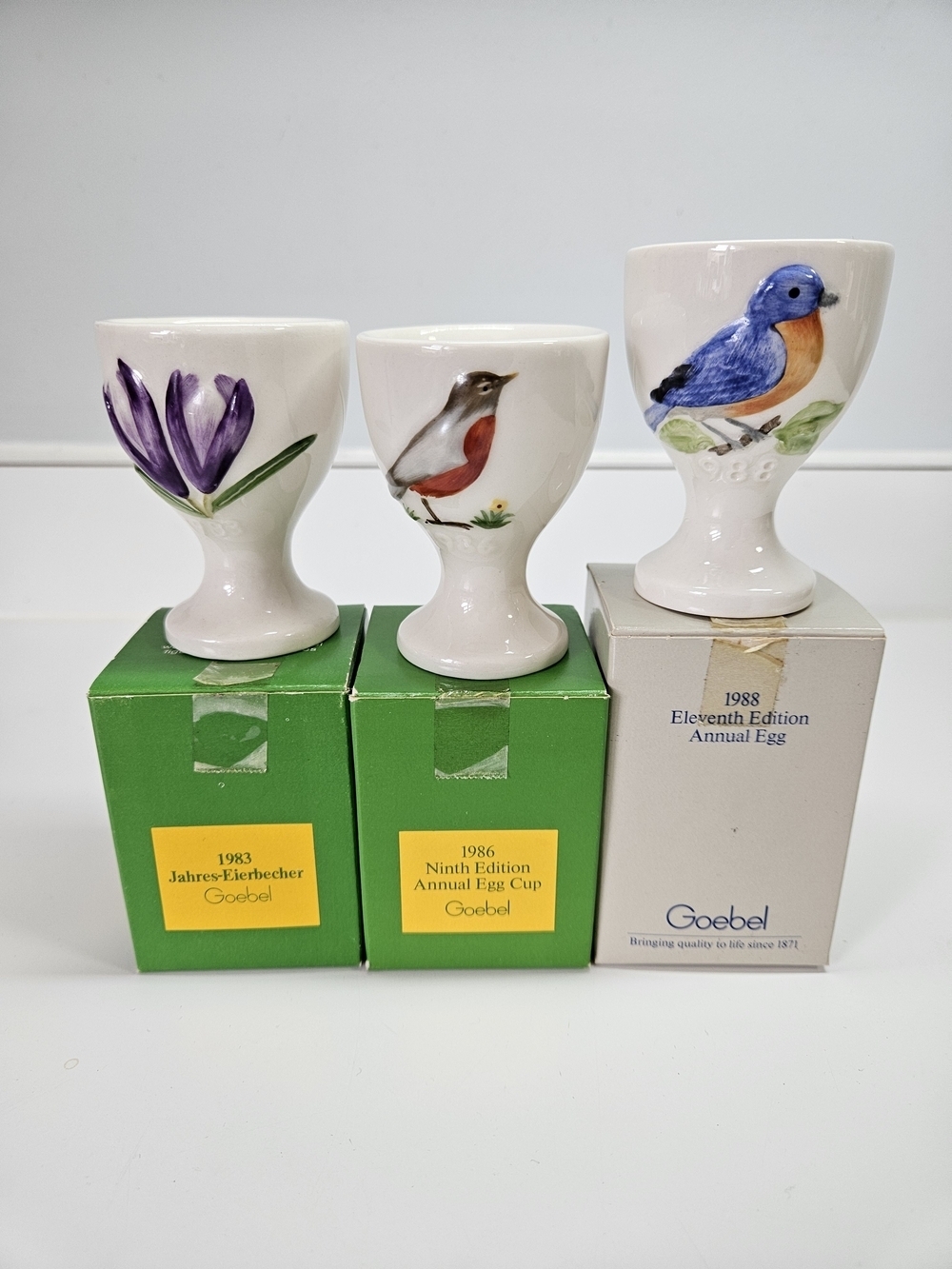 VINTAGE Goebel Porcelain Egg Cup Set Three 1983 1986 1988 West Germany Boxes
